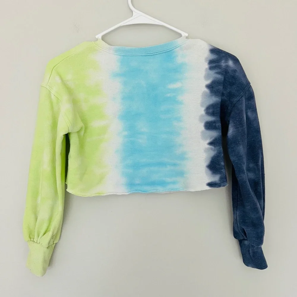 Justice Athletic Club Girl Tie Dye Cropped Sweatshirt Blue Green Glitter Logo XS